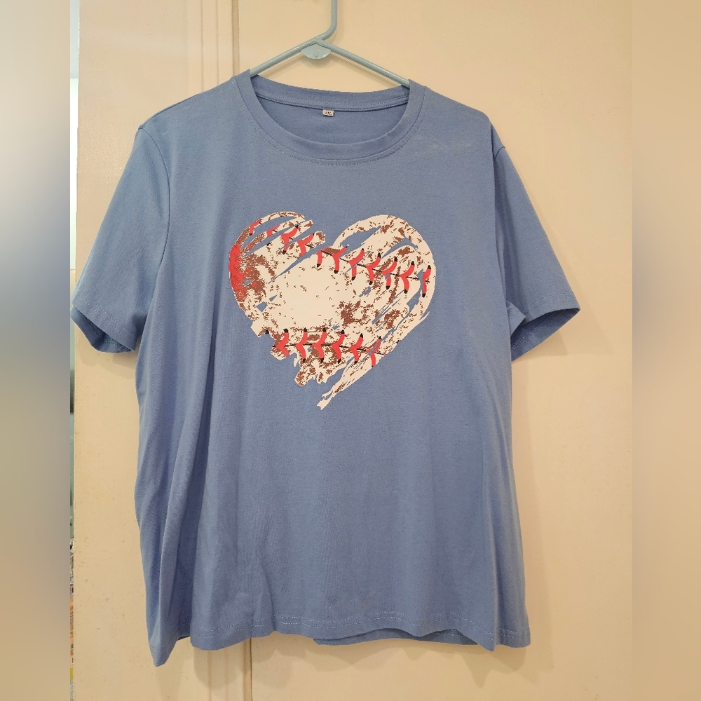Blue Baseball Heart Graphic T-Shirt Size 2X | Cute Sports Tee